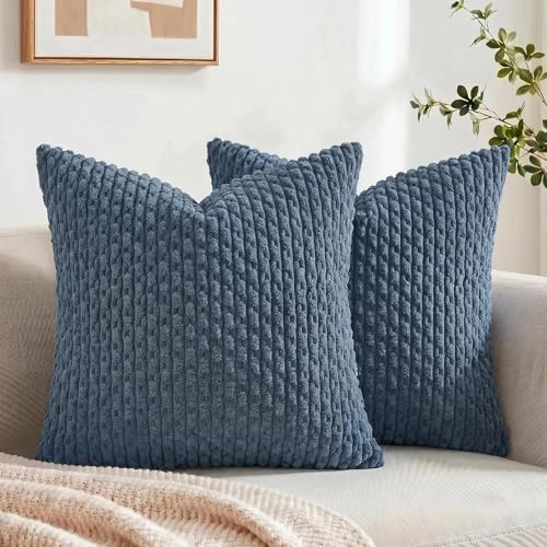 Fancy Homi 2 Packs Dusty Blue Decorative Throw Pillow Covers 18x18 Inch for Couch Bed Sofa, Modern Farmhouse Boho Home Decor, Soft Cute Plush Corduroy Cushion Case 45x45 CM - color: Dusty Blue, size: 18" x 18" (Pack of 2)