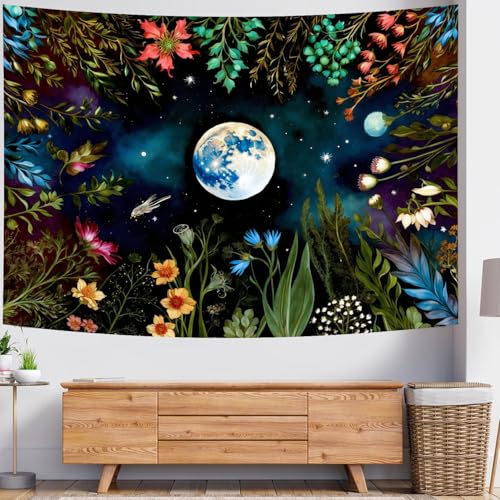 Delur Moonlit Garden Tapestry Boho Moon Floral Plant Tapestry Wall Hanging Colorful Flower Botanical Nature Night Landscape Headboard for Bedroom Living Room Home Decor (51.2" x 59.1") - color: Moonlit Garden, size: 51.2"L x 59.1"W