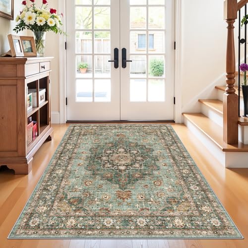 4x6 Area Rugs for Living Room: Perfect for Bedroom Kitchen Kids Room Nursery - Stain & Water Resistant Non-Slip Pet & Child Friendly Vintage Carpet (Green, 4x6) - color: Green, size: 4' x 6' (Rectangular)
