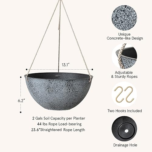 LA JOLIE MUSE Large Hanging Planters for Outdoor Plants - 13 Inch Hanging Flower Pots with Drainage Holes, Set of 2, Rock Grey - color: Concrete Gray