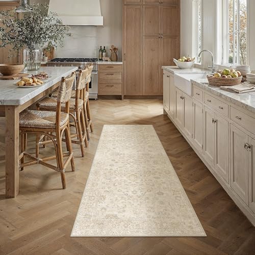 2x6 Beige Washable Runner Rug for Living Room Bedroom Neutral Soft Floral Non Slip Runner Rug Lightweight Vintage Low Pile Distressed Runner Kitchen Hallway Bedroom - color: Beige, size: 2'x6'