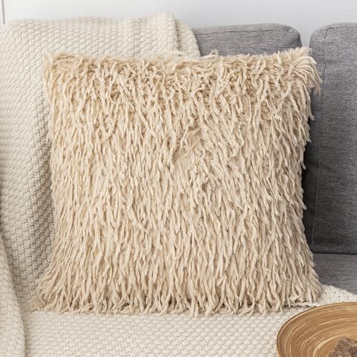 Decorative Throw Pillow Cover for Couch Sofa Fluffy Textured Square Cushion Case Shaggy Fringe Design Living Room Bedroom - color: Khaki Noble Consort Velvet Pillowcase