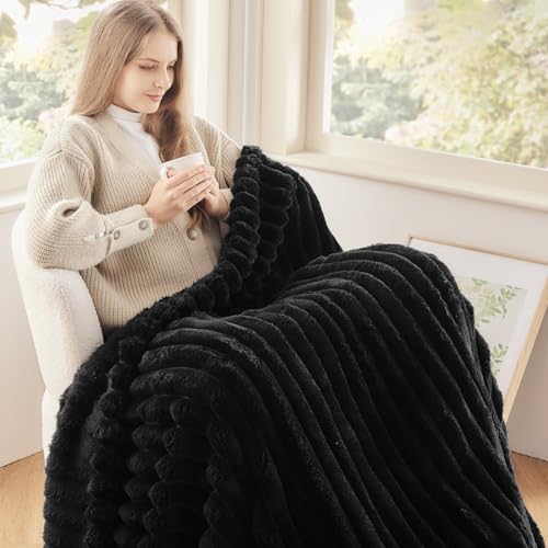 NEWCOSPLAY Super Soft Throw Blanket Black Premium Silky Flannel Fleece 3D Ribbed Jacquard Lightweight Bed Blanket All Season Use (Black Ribbed, Throw(50"x60")) - color: Black Ribbed, size: Throw(50"x60")