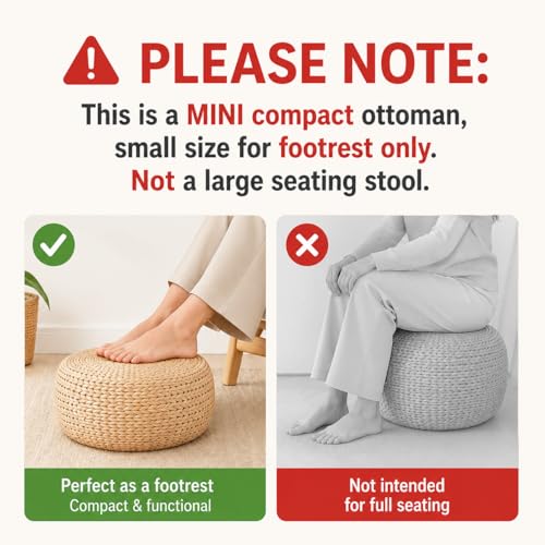 Small Straw Round Pouf Ottoman, Natural Mini Solid Wood Footrest, Boho Low Tatami Footstool for Living Room Bedroom Patio, 12.2"×12.2"×8.7", Ideal for Foot Rest or Temporary Seating