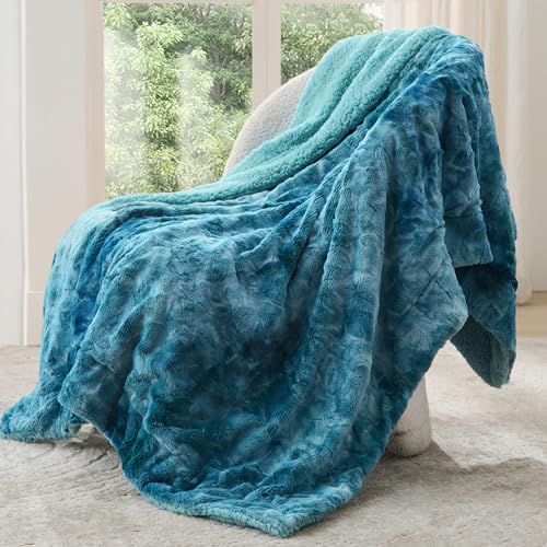 Bedsure GentleSoft Sherpa Fluffy Blanket Twin Size - Fleece Warm and Cozy Throw for Women Gift, Plush & Fuzzy Faux Fur Christmas Blanket for Couch, Sofa, Bed Decor, Tie Dye Design, Teal, 60x80 Inches - color: 05 - Teal, size: Twin (60" x 80")