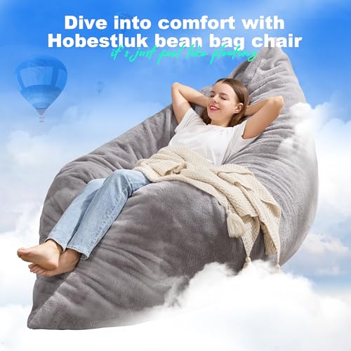 Hobestluk 3 in 1 Bean Bag Chair Giant Bean Bag Chairs for Adults with Chevron Plush Fur Cover Convertible Bean Bag Floor Cushion with Machine Washable Cover for Living Room (Plush Grey) - color: Soft Grey