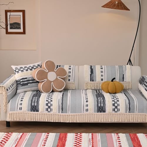 VClife Dog Boho Couch Cover, Washable Furniture Protector, 35.4 x 35.4 in | Tufted Tassel Sofa Cover, Non Slip Woven Geometric Sofa Slipcover, Multi-Size Universal Throw Cover For Couch, Pet Friendly - color: 02# Gray Grid, size: 35.4" x 35.4"