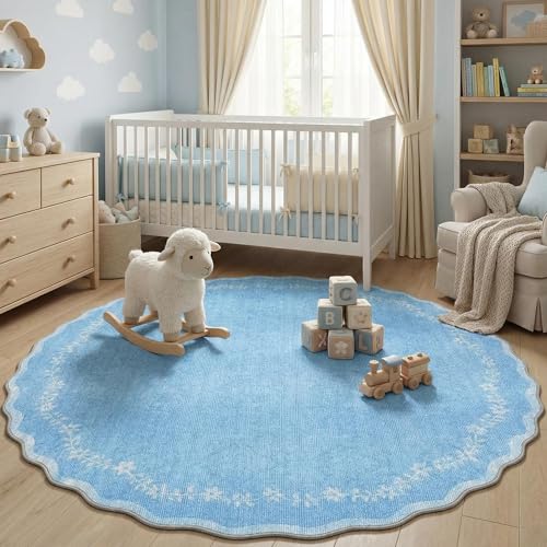 GarveeHome Round Area Rugs 4ft for Kids Room, Solid Blue Scalloped Washable Circle Rug Soft Non Slip Floral Print Floor Mat Carpet Indoor Thin Tent Rug for Bedroom Dining Room Playroom Nursery - color: Baby Blue, size: 4' (Round)