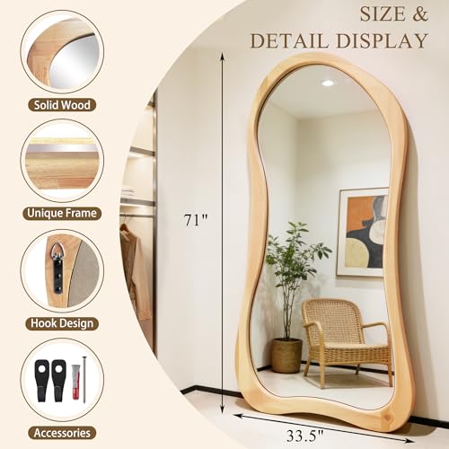 Irregular Full Length Mirror, 71"x33.5" Oversized Organic Floor Mirror with Solid Wood Frame, Asymmetrical Full Body Mirrors for Entryway Hallway Cloakroom Living Room, Leaning/Hanging - color: Natural Wood Frame, size: 71"L x 33.5"W