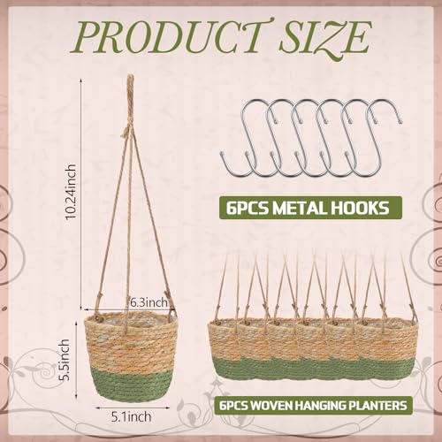 6 Pcs Seagrass Hanging Planter Basket Hand Woven Plant Basket with Plastic Liners Hanging Plant Holder Storage Containers with Cotton Rope for Indoor Garden Decor (Small,Brown,Green) - color: Brown, Green, size: Small
