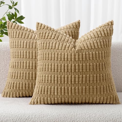 MIULEE Pack of 2 Corduroy Decorative Throw Pillow Covers 16x16 Inch Soft Boho Striped Pillow Covers Modern Farmhouse Home Decor for Sofa Living Room Couch Bed Khaki - color: Khaki, size: 16" x 16" (Pack of 2)