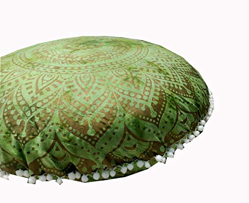 Mandala Barmeri Large Floor Pillow Cover Cushion Meditation Seating Ottoman Throw Cover Hippie Decorative Zipped Bohemian Pouf Ottoman Poufs, Pom Pom Pillow Cases Blue Gold Trishol, 32 inch Round - color: Green Gold, size: 32" Round