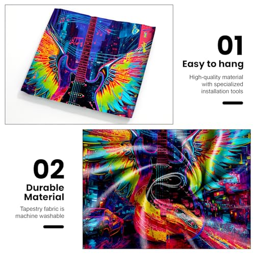 AOHMPT Blacklight Guitar Wings Tapestry Trippy Fluorescent Wall Hanging Psychedelic Rock Music Neon City Art Glow in the Dark Tapestries for Bedroom Decor, 79x59 In, Music Festival Gift - color: Guitar, size: 79"L x 59"W