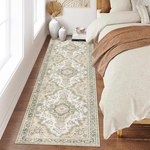 Washable Runner Rug 2'x8',Green Rug Runners Non Slip,Long Boho Rugs for Hallways Kitchen Bathroom Bedroom Entryway,Vintage Bohemian Distressed Floor Carpet,Sage Floral - color: Rug11-green, size: 2'x8'
