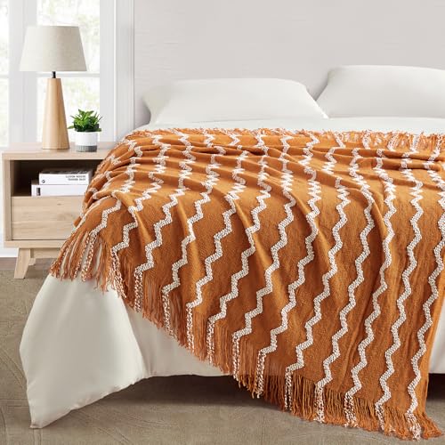 BOURINA Fluffy Chenille Knitted Fringe Throw Blanket Lightweight Soft Cozy for Bed Sofa Chair Throw Blankets, Orange 50" x 60" - color: A-orange, size: 50"×60"
