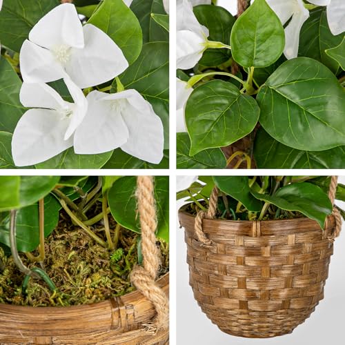 Briful Fake Hanging Basket Flowers, 27.5in Faux White Bougainvillea Flowers in Woven Rattan Planter with Cascading Vines for Home Garden Balcony Outdoor Porch Decor - color: White