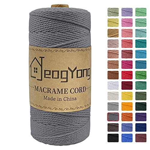 JeogYong Macrame Cord 2mm x 218 Yards, 3-Strand Twisted Natural Cotton Rope, Cotton String Coloured Craft Cord for Plant Hanger Wall Hanging Knitting Crafts, Grey Color - color: Gray