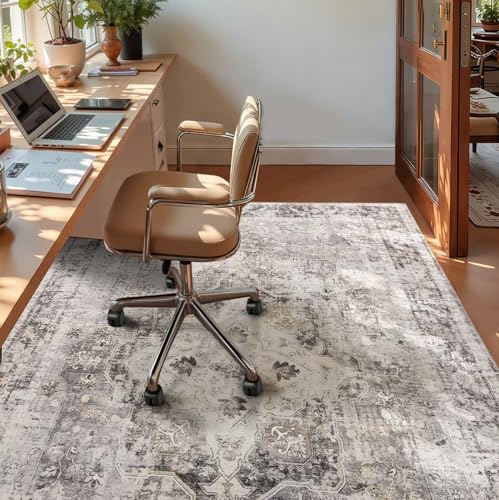 YOH Boho Washable Rug 5x7, Charcoal Gray Vintage Non Slip Area Rug, Distressed Indoor Carpet for Living Room Bedroom Kitchen Office - color: Charcoal Gray, size: 5' x 7' (Rectangular)