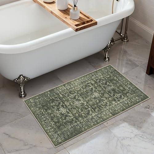 2x4 Green Runner Rug Hallway Washable Area Rugs Kitchen Vintage Boho Non Slip Long Rug Floral Carpet Indoor Retro Soft Low Pile Throw Rug for Bedroom Bathroom Laundry Dining Living Room Office - color: Dark Green, size: 2' x 4' (Runner)