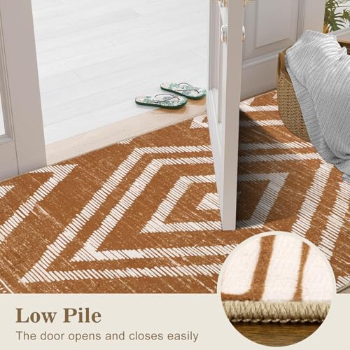 Moroccan Washable Area Rugs 3x5ft Non Slip, Low Pile Entryway Rug, Brown Boho Bedroom Carpets, Non Shedding Soft Floor Carpet for Dining Room Bathroom Kitchen Study Office - color: Brown, size: 3' x 5' (Rectangular)