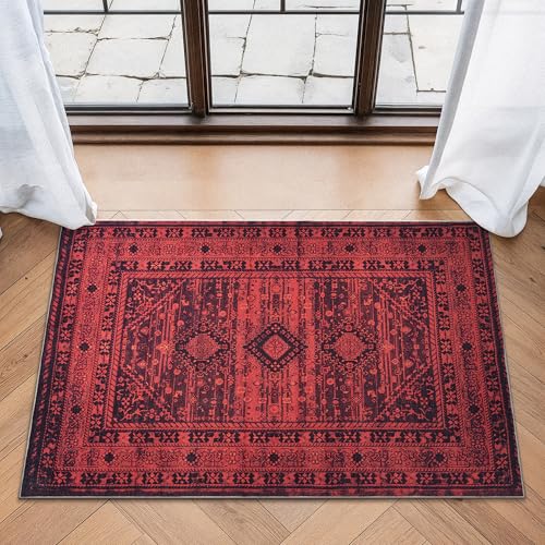 Bloom Rugs Washable Non-Slip 2' x 3' Rug - Red Traditional Bordered Area Rug for Living Room, Bedroom, Dining Room, and Kitchen - Exact Size: 2' x 3' - color: Red, size: 2' x 3' (Rectangular)