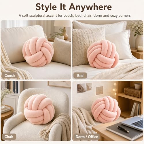 Petrella Pink Knot Pillow Ball, Handmade Soft Lambswool Round Throw Pillow for Bedroom, Chair and Cute Room Decor, Small Decorative Pillows, Knotted Accent Cushion, 8 Inch - color: Pink, size: 8inch