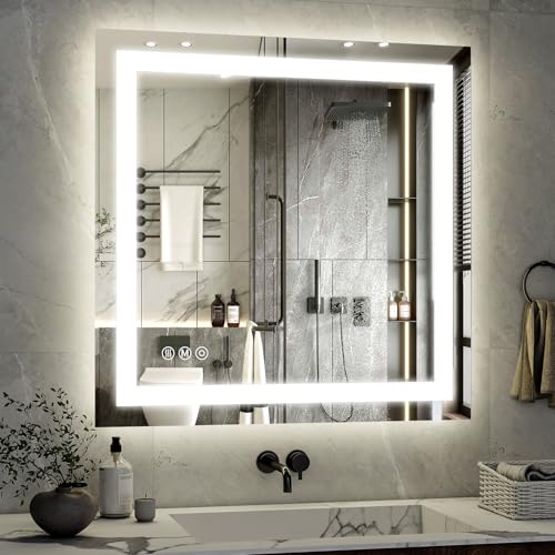 XRAMFY 40"x 40" LED Bathroom Mirror, Backlit + Front Lit, LED Bathroom Mirror with Lights for Wall, 3 Colors, Anti-Fog, Dimmable Brightness, Tempered Glass - size: 40"L x 40"W