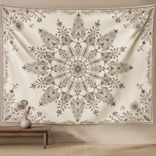 Accnicc Boho Floral Mandala Tapestry Wall Hanging Bohemian Beige Flower Tapestry Aesthetic Hippie Indian Small Tapestries for Bedroom Living Room Dorm Decor 48 x 36 Inch - color: Beige White, size: 48"L x 36"W