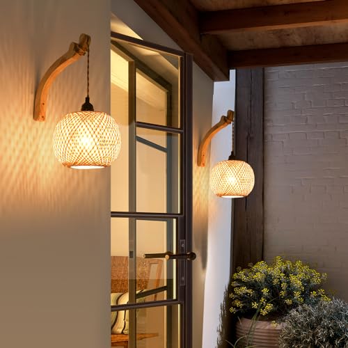 Plug in Wall Sconce,Farmhouse Wicker Wall Lamp Plug in,Hand Woven Rattan Wall Light Farmhouse Rustic Boho Sconces Wall Lighting for Living Room Bedroom - color: Bamboo, size: 1 PACK