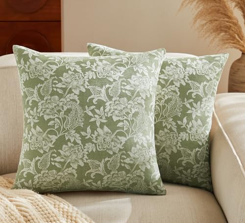 Floral Jacquard Throw Pillow Covers Set of 2, Background/Green 20x20 Inch, Farmhouse Decorative Cotton Sage Green Cushion Covers for Sofa Bed Living Room Home Decor - color: Background/Green, size: 20" x 20" (Pack of 2)