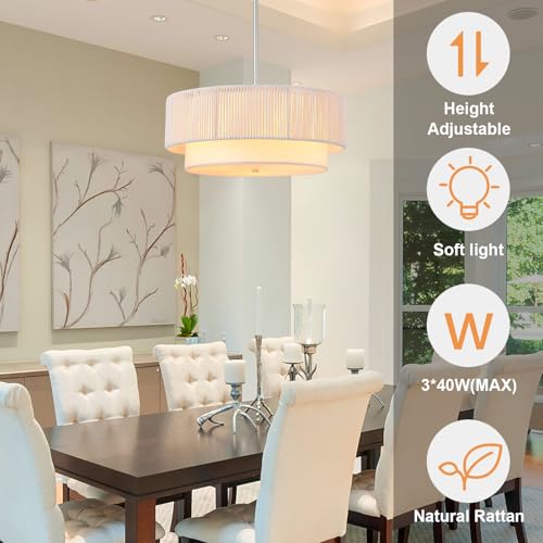 18'' Farmhouse Rattan Chandeliers for Dining Room,3-Light Boho Light Fixtures Rattan Pendant Light Fixture with Fabric Shade Drum Chandeliers for Bedroom Dining Room Foyer Kitchen Hallway（White） - color: White, size: 18 inch Drum