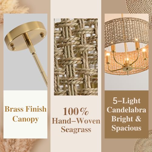 5-Light Rattan Chandelier Chandeliers for Dining Room, Boho Chandelier, Coastal Hand Woven Pendant Light Fixture for Kitchen Island Entryway Foyer Living Room Bedroom UL Listed Gold - color: Gold, size: 17.7"