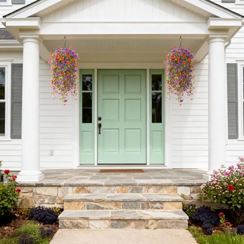 INQCMY Artificial Hanging Flower Baskets for Spring Outdoor Decoration Fake Plants UV Resistant Faux Silk Daisy with Eucalyptus Leaves Realistic Look for Home Porch Patio Yard - color: Red Purple