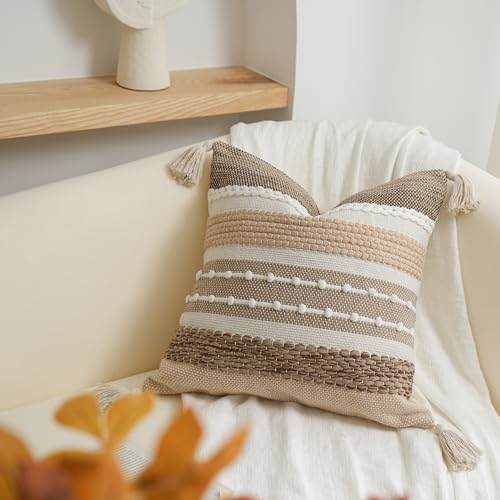 BlissBlush Brown Decorative Throw Pillow Cover 20x20 Square Boho Accent Pillowcase Tassels Farmhouse Cushion for Couch Sofa Bedroom Livingroom Home Décor Cover ONLY (Pack of 1) - color: Brown, size: 20" x 20" (Pack of 1)