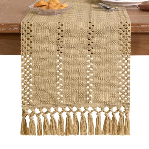 Socomi Boho Table Runner Summer Farmhouse Rustic Dining Kitchen Centerpiece Decor Small Macrame Woven Cotton Linen Coffee Table Runner for Dresser Scarf Home Decor 12x48 inch Champagne - color: Champagne, size: 12" X 48"