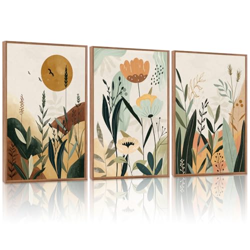 KAIRNE Neutral Floral Wall Art Set of 3,Framed Abstract Prints,Vintage Colorful Flower Canvas,Boho Botanical Artwork,Minimalist Farmhouse Decor for Living Room Bedroom Kitchen Office,16X24 inch - color: Neutral Floral(medium), size: 16"Lx24"W