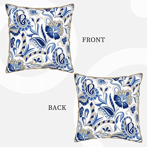 Blue Floral French Country Decorative Velvet Throw Pillow Covers Rustic Paisley Printed Pillowcase Square Pillow Case Cushion Cover Home Decor for Couch Sofa Bedroom Patio 18x18 Inch - color: Blue White Paisley, size: 18" x 18" (Pack of 1)