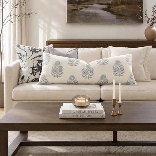 Vintage Floral 14x36 Lumbar Pillow Cover for Bed Pack of 1, Double-Sided Botanical Print Decorative Long Pillowcase Farmhouse Cushion Cover for Sofa Couch Living Bed Room, Light Blue (Cover Only) - color: Light Blue, size: 36" x 14" (Pack of 1)