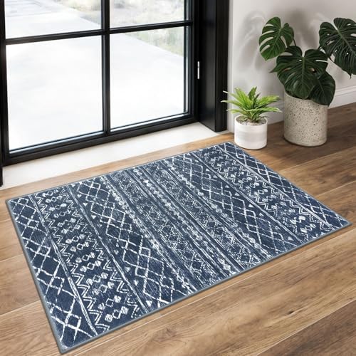 KUTA Moroccan Rugs for Entryway, 2x3 Navy Blue Entrance Small Area Rug, Non-Slip Washable Ultra Soft Vintage Geometric Low-Pile Indoor Door Mat Floor Carpet for Kitchen - color: Navy Blue/White, size: 2' x 3' (Rectangular)