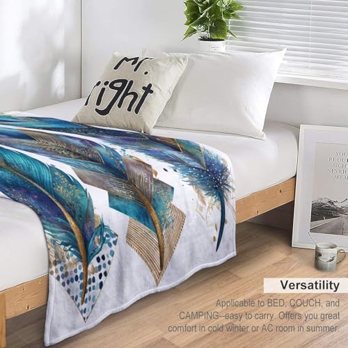 Blanket Bohemian Feather Leaf Throw Blanket for Women Men, 40"x50" Vintage Gold Geometry Plush Flannel Throws, Decor for Bed Couch Bedroom - color: Bohemian Feather Leaf, size: 40"x50"