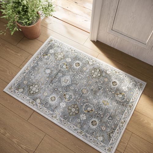 Machine Washable Small Rugs for Entryway: Door Mat Indoor Entrance 2x3 Boho Throw Rug Stain Resistant Non-Slip Low Pile Soft Carpets for Kitchen Front Door Indoor Entrance Entry Bedroom Nursery - color: Grey, size: 2' x 3' (Rectangular)