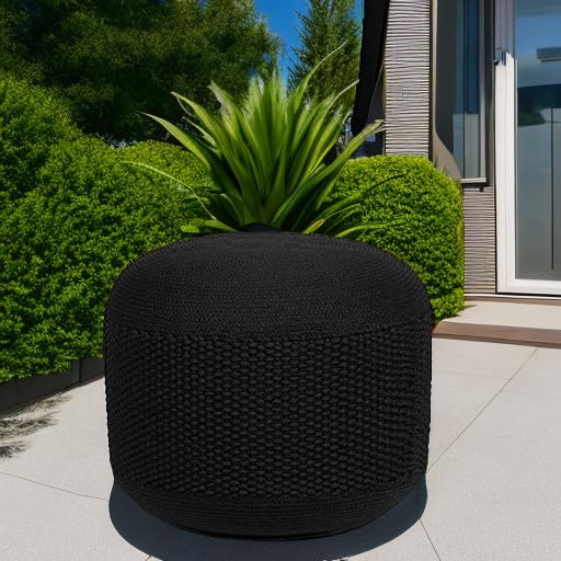 BIRDROCK HOME Outdoor Pouf Ottoman | Hand Woven Waterproof Foot Stool with Bead Bag Filling | Boho Foot Rest for Patio, Living Room, Porch & Outdoor Seating | Lightweight, Soft Stuffed Chair | Black - color: Black