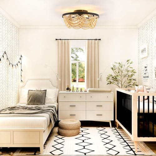 Boho Ceiling Fan with Lights Flush Mount,20 Inch Bohemia Black Wood Bead Close to Ceiling Fan Light, 4 Lights Low Profile Enclosed Ceiling Fans with Remote Control for Bedroom Living Room Kitchen - color: Black