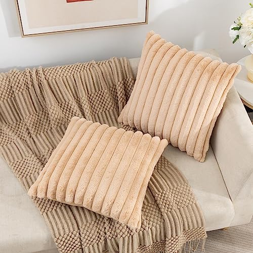 ZLINA Set of 2 Apricot Faux Fur Decorative Throw Pillow Covers Fluffy Striped Pillowcase Cushion Covers 16 x 16 Inch Decor Sofa Couch Bedroom - color: Apricot, size: 16" x 16" (Pack of 2)