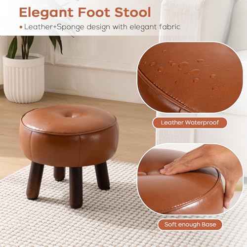 oakvivo Small Foot Stool, Round Faux Leather Pouf Ottoman Foot Rest, Footstool Ottomans with Rubber Legs Under Desk, 13''L x 13''W x 10.2''H, Footrest for Couch, Living Room, Bedroom, Hallway, Brown - color: Brown