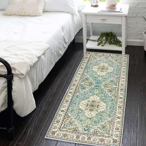 Lahome Felice Floral Medallion Runner Rug - 2x5 Laundry Rug Runner Soft Non-Slip Washable Low-Pile Bathroom Mat, Indoor Throw Floor Carpet Runners for Kitchen Entryway Bedroom RV, Sky/Baby Blue - color: Sky/Baby Blue, size: 2' x 5' (Runner)