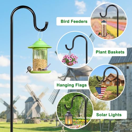 48 Inch Shepherds Hooks for Outdoor, Heavy Duty Bird Feeder Pole with 5 Prong Bases, Garden Hanging Stake for Bird Feeder, Solar Light, Plant Hanger, Wedding Decor, Metal Hanger Hooks, Black, 2 Packs - size: 48 Inch, style: 2 Pack