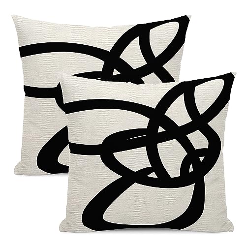 Black And White Pillow Covers 16x16 Set Of 2 Geometric Abstract Modern Art Line Throw Pillow Covers Modern Minimalist Style Decorative Square Linen Cushion Case Boho Decoration For Couch Sofa Outdoor - color: Abstract Art Line, size: 16" x 16" (Pack of 2)