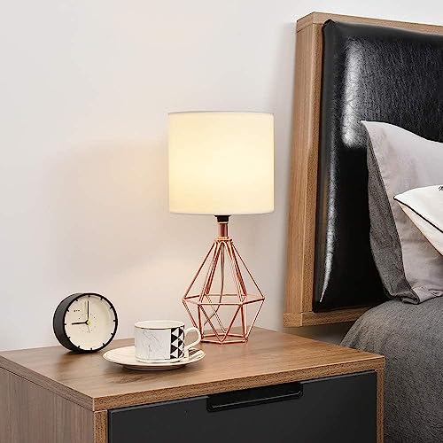 Rose Gold Bedside Table Lamp,Modern Small Desk Lamp with TC Fabric Shade Geometric Metal Base for Kids Living Room Bedroom Nightstand - color: Rose Gold