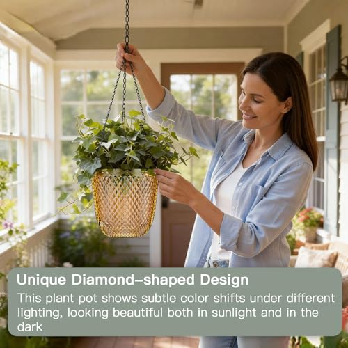 QCQHDU Hanging Planters for Indoor Plants, 2-Pack, 5.7 Inch, Gold | Plastic, Self Watering Plant Hanger, with Drainage Holes, 3 Hooks Chains, For Garden Home - color: Gold, size: 5.7in